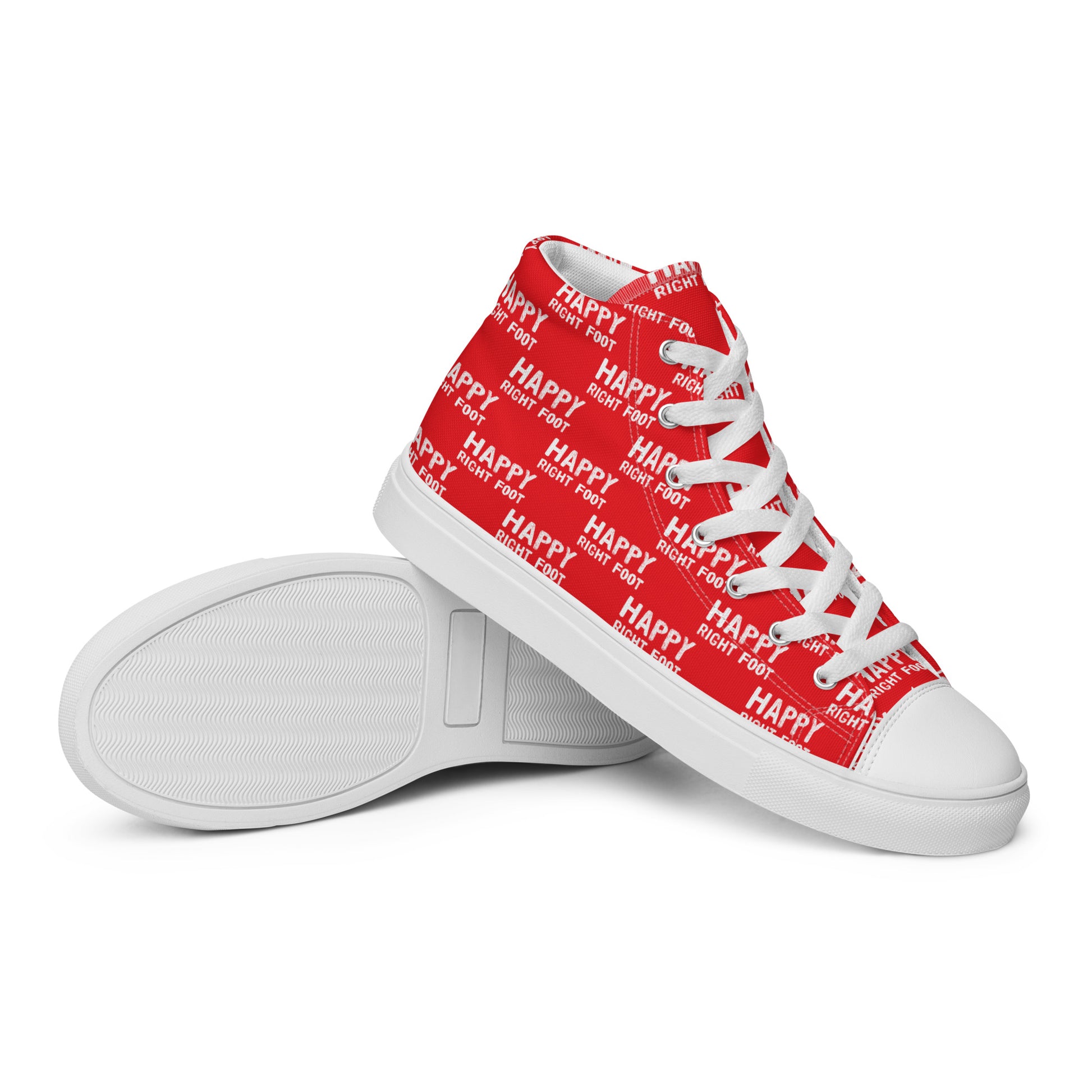 HappyStuff mens sneakers closeup sole view red high tops with Happy Left Foot Happy Right Foot Pattern Print red and white shoes