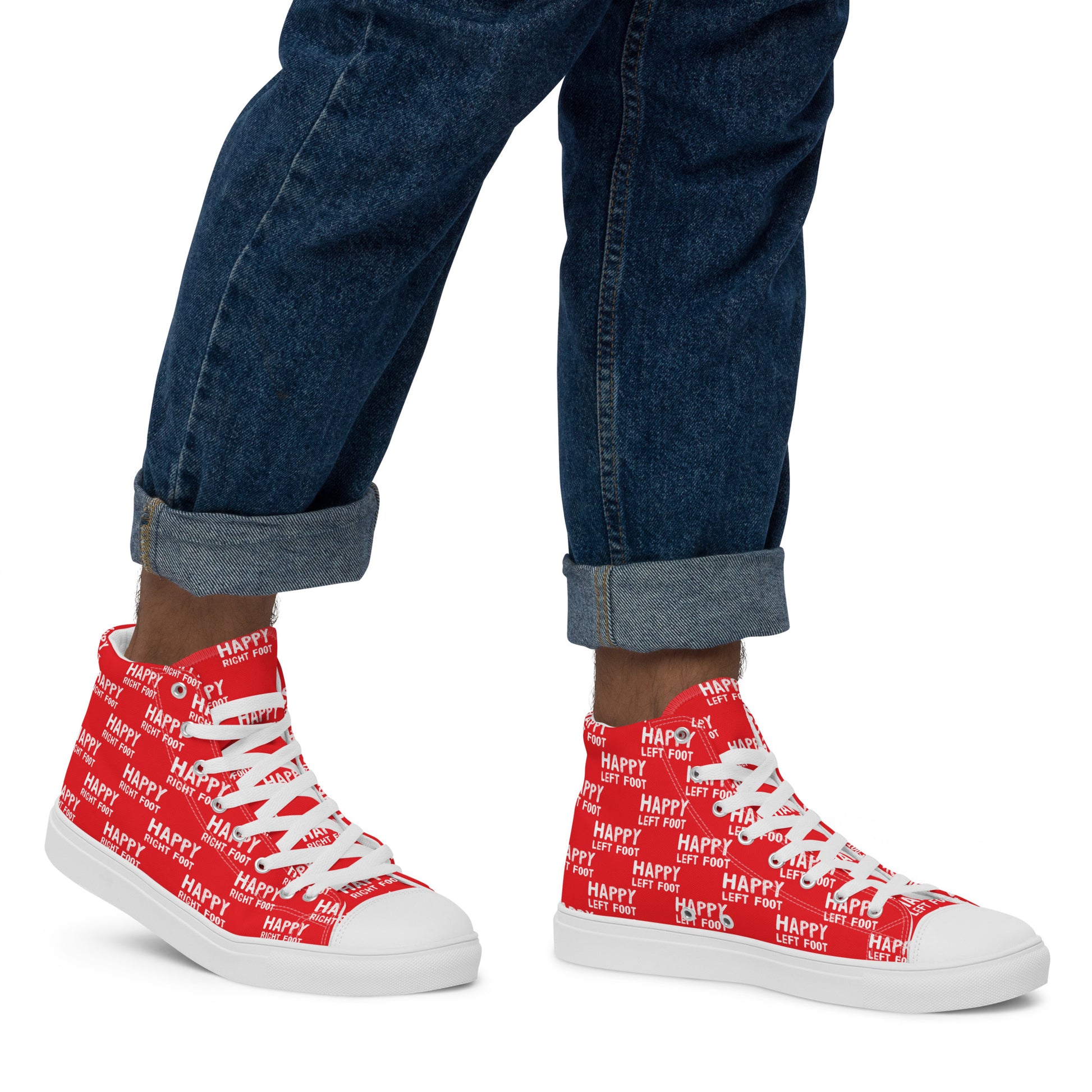 Walking right in mens sneakers HappyStuff high top red shoes Happy Left Foot Happy Right Foot Pattern Print red and white