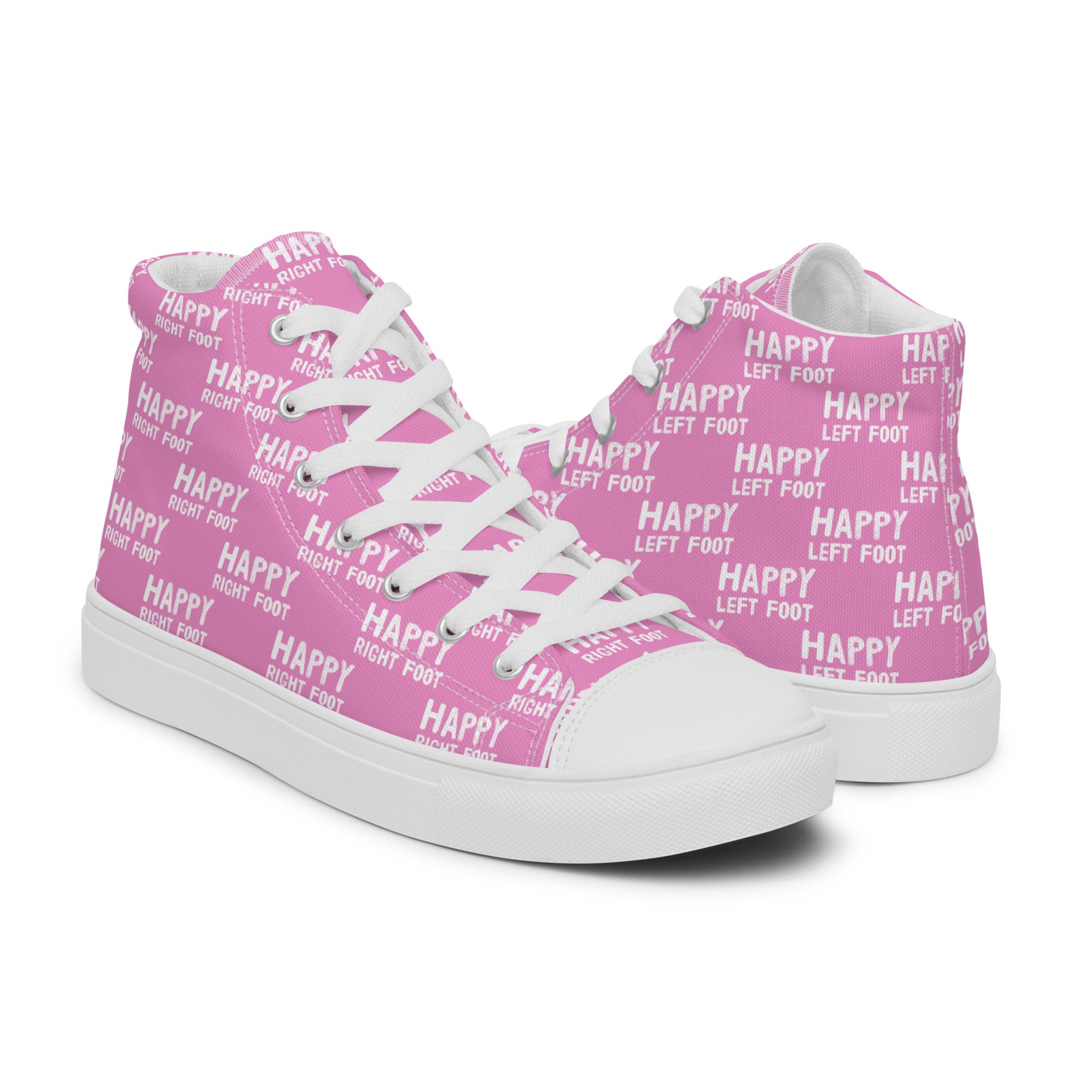 High tops mens right shoe front view left shoe back view Happy Left Foot Happy Right Foot Pattern Print pink and white shoes HappyStuff brand