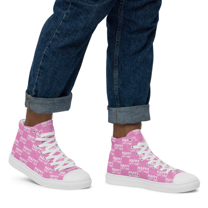 Walking right in mens sneakers HappyStuff high top pink shoes Happy Left Foot Happy Right Foot Pattern Print pink and white