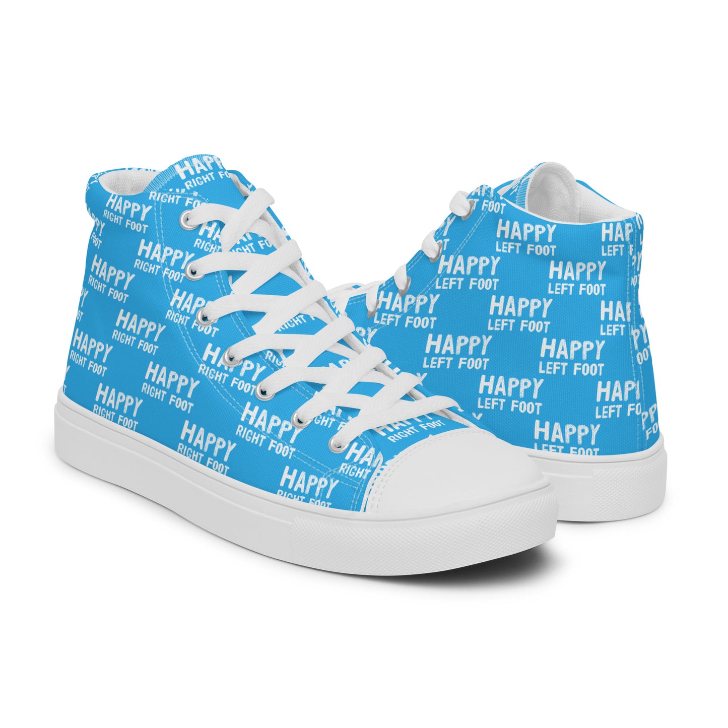 High tops mens right shoe front view left shoe back view Happy Left Foot Happy Right Foot Pattern Print blue and white shoes HappyStuff brand