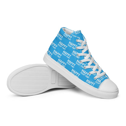 HappyStuff mens sneakers closeup sole view blue high tops with Happy Left Foot Happy Right Foot Pattern Print blue and white shoes