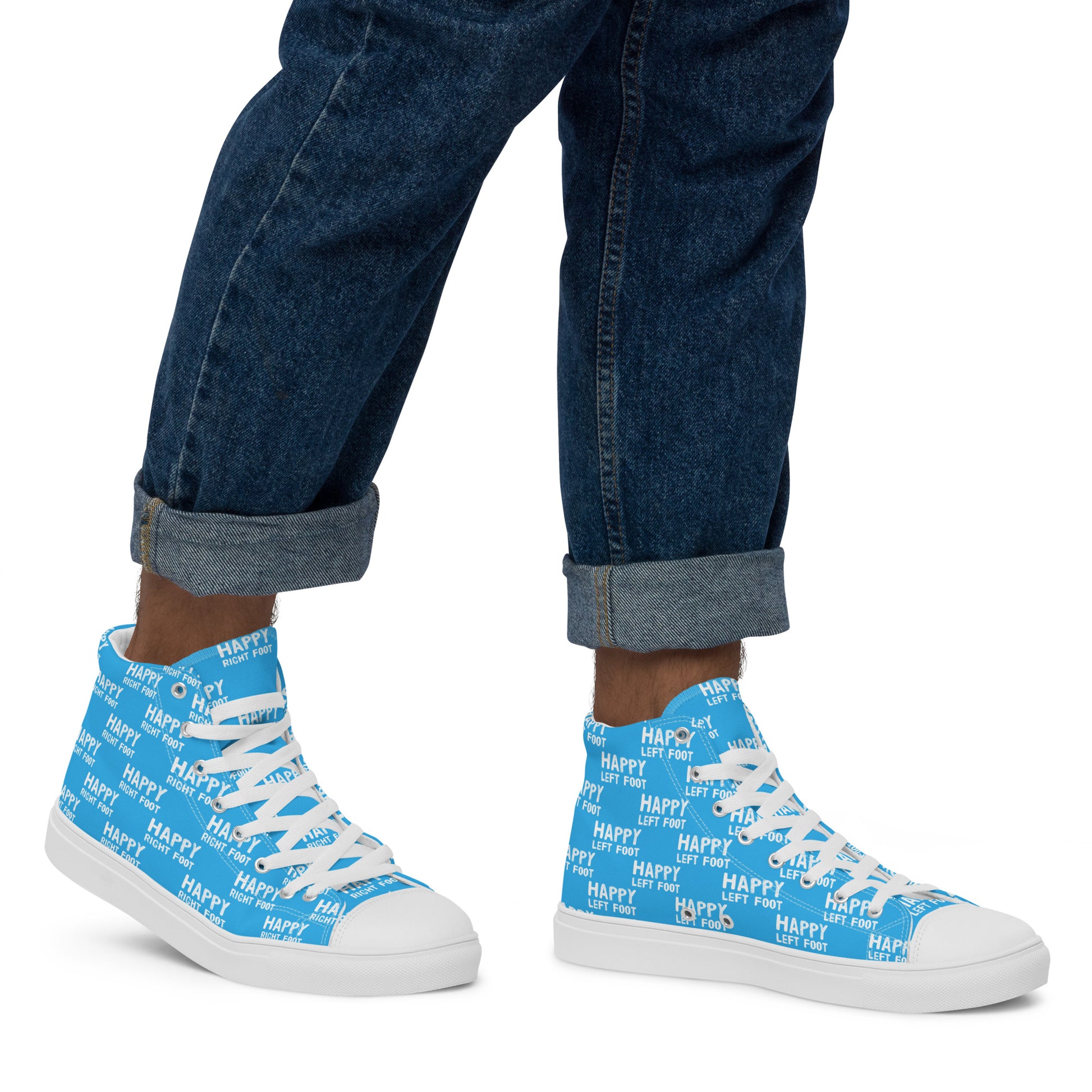 Walking right in mens sneakers HappyStuff high top blue shoes Happy Left Foot Happy Right Foot Pattern Print blue and white