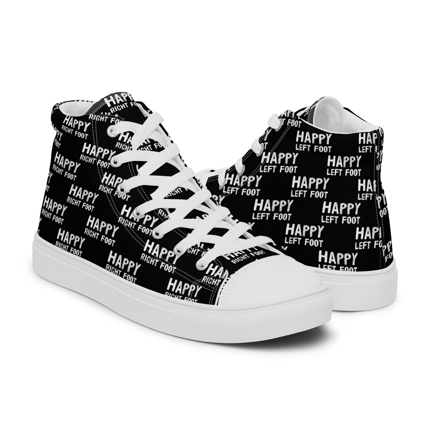 High tops mens right shoe front view left shoe back view Happy Left Foot Happy Right Foot Pattern Print black and white shoes HappyStuff brand