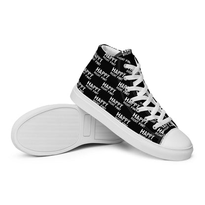 HappyStuff mens sneakers closeup sole view black high tops with Happy Left Foot Happy Right Foot Pattern Print black and white shoes