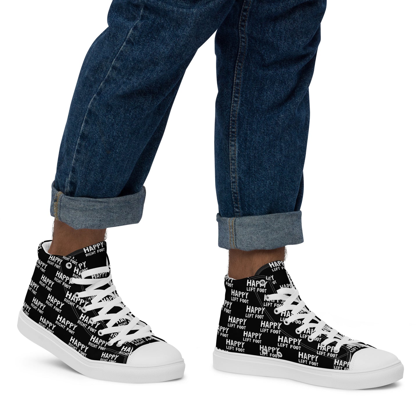 Walking right in mens sneakers HappyStuff high top black shoes Happy Left Foot Happy Right Foot Pattern Print black and white