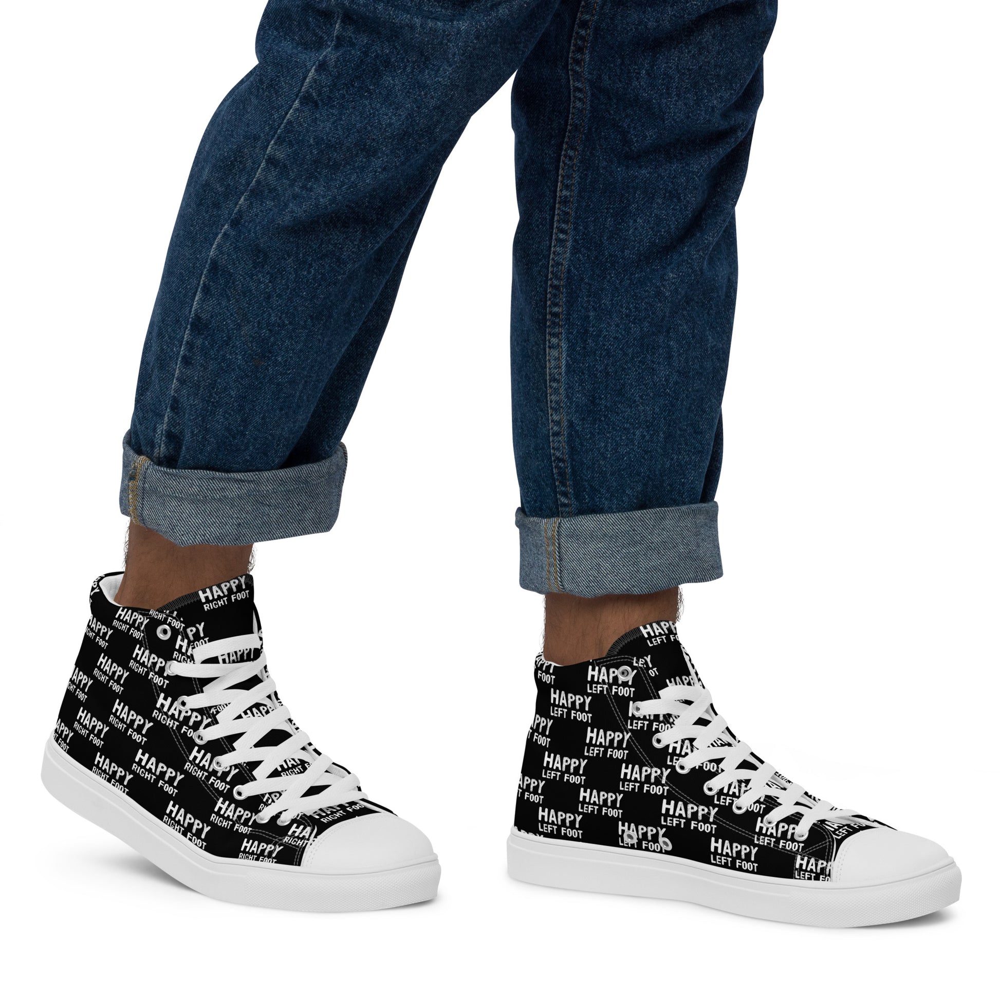 Walking right in mens sneakers HappyStuff high top black shoes Happy Left Foot Happy Right Foot Pattern Print black and white