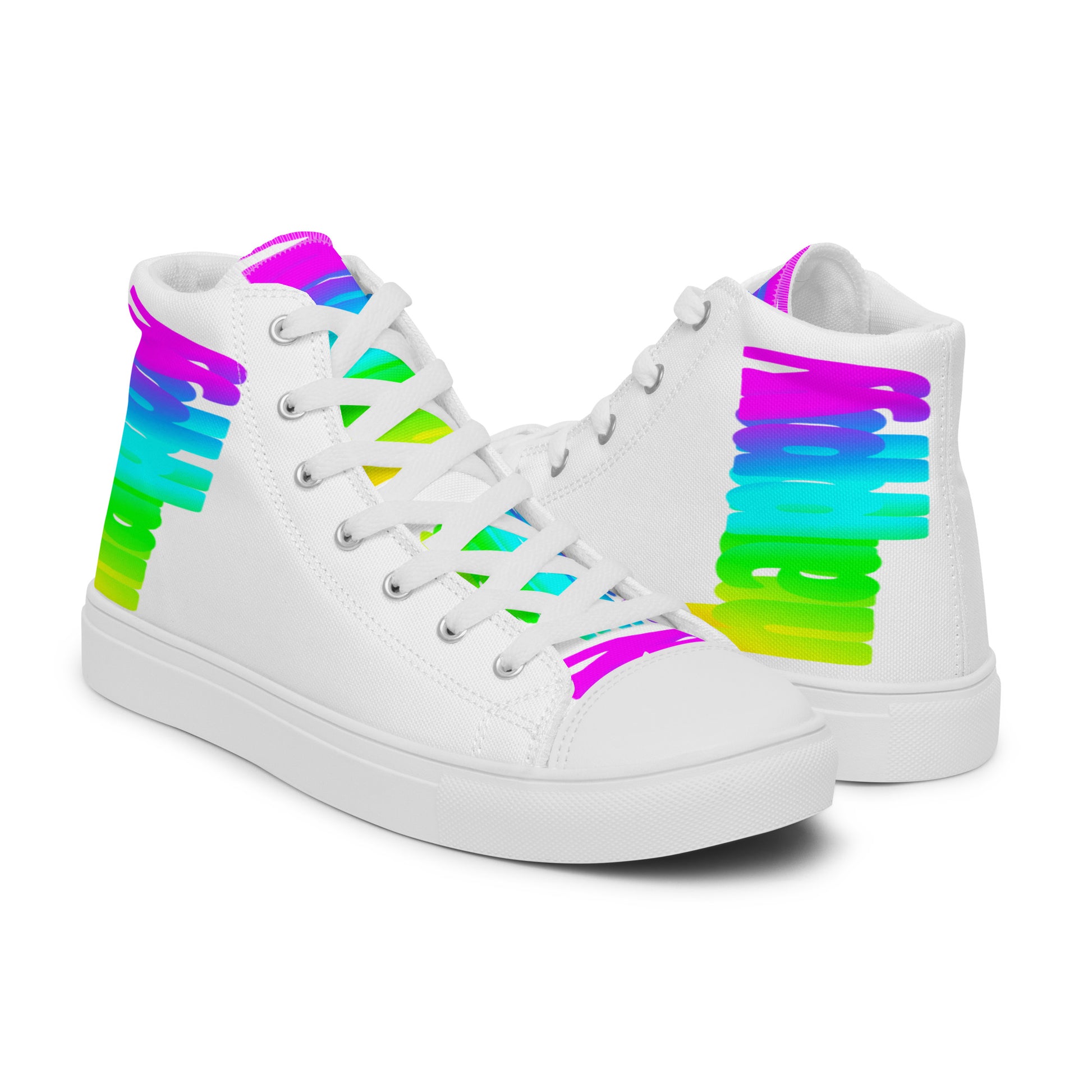 Rainbow shoes HappyStuff mens high tops Happy Rainbow Painted Print bright colours on white shoes right shoe front view left shoe back view