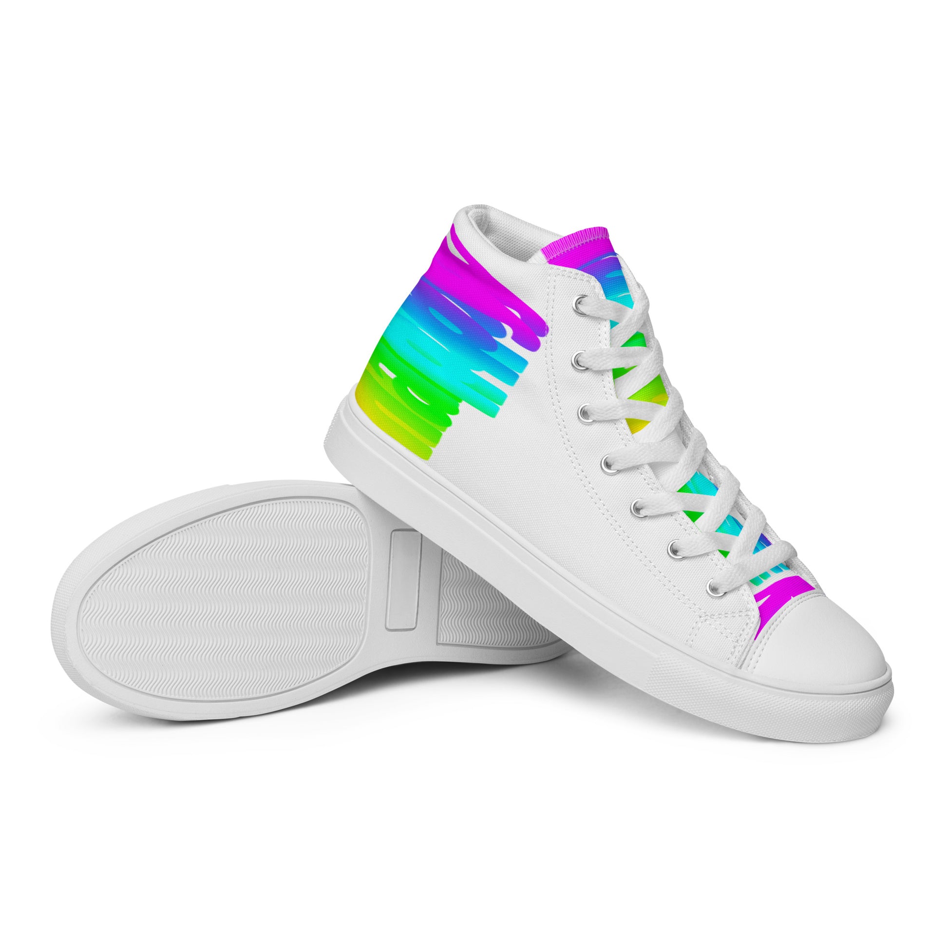 Closeup sole view HappyStuff mens sneakers white high tops rainbow shoes Happy Rainbow Painted bright colour spectrum print