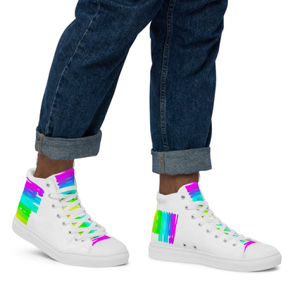 Walking right in mens sneakers HappyStuff high top white shoes Happy Rainbow Painted bright colour spectrum print rainbow shoes