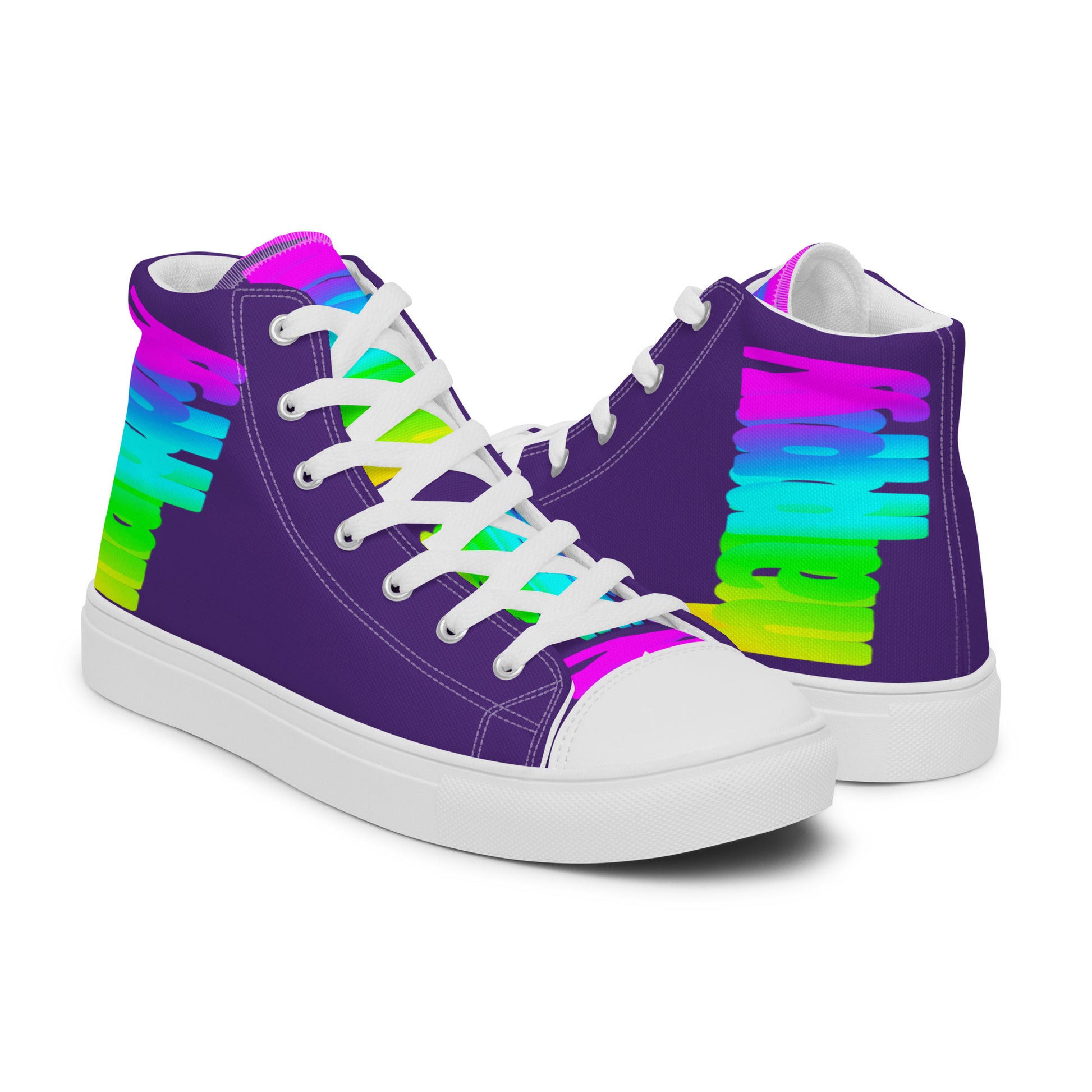 Rainbow shoes HappyStuff mens high tops Happy Rainbow Painted Print bright colours on purple shoes right shoe front view left shoe back view