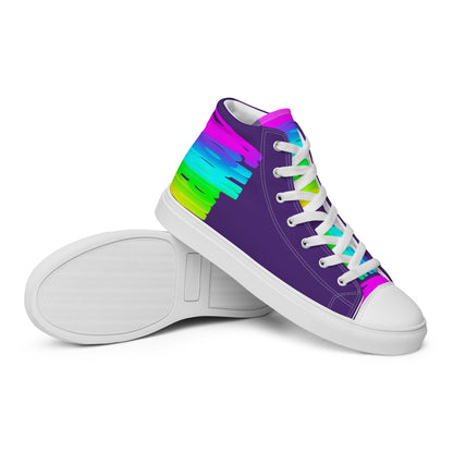 Closeup sole view HappyStuff mens sneakers purple high tops rainbow shoes Happy Rainbow Painted bright colour spectrum print