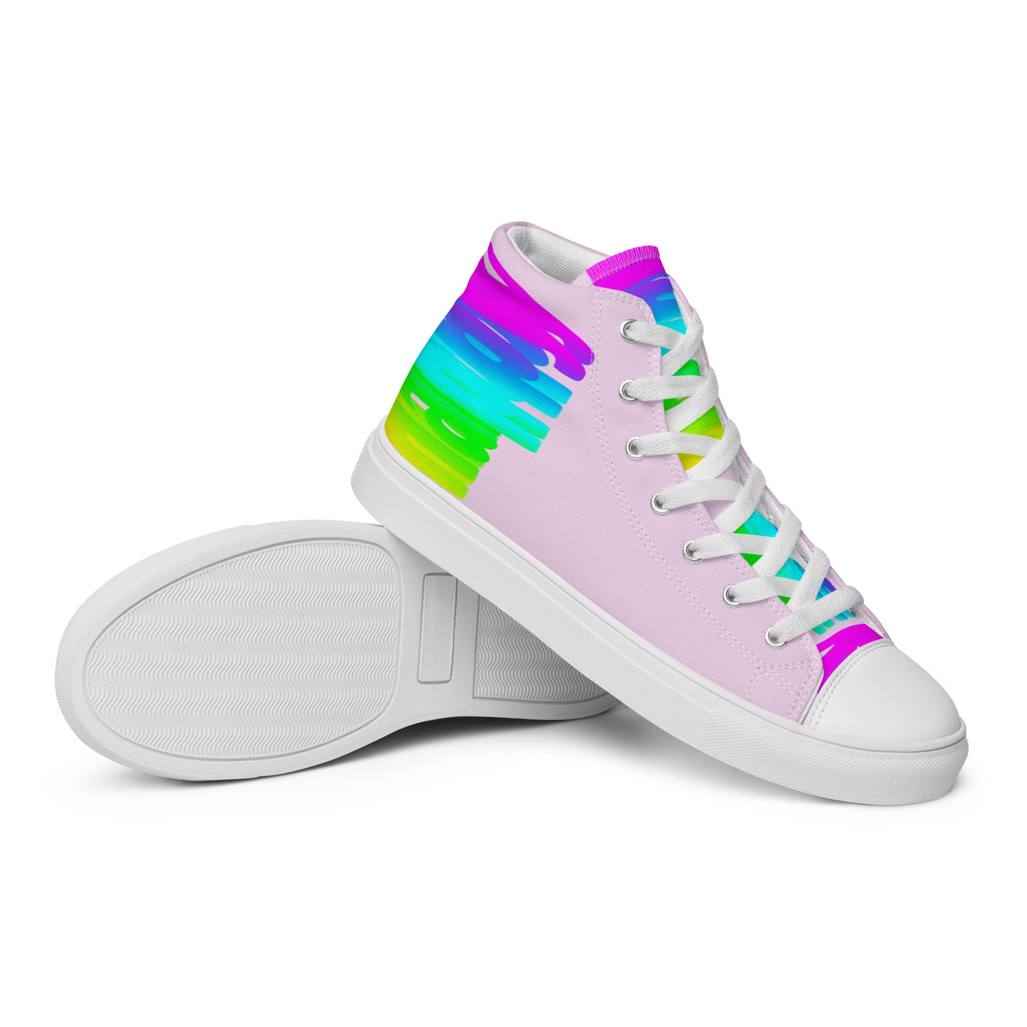 Closeup sole view HappyStuff mens sneakers pink high tops rainbow shoes Happy Rainbow Painted bright colour spectrum print