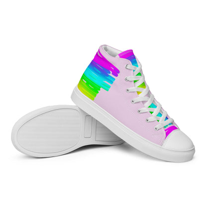 Closeup sole view HappyStuff mens sneakers pink high tops rainbow shoes Happy Rainbow Painted bright colour spectrum print