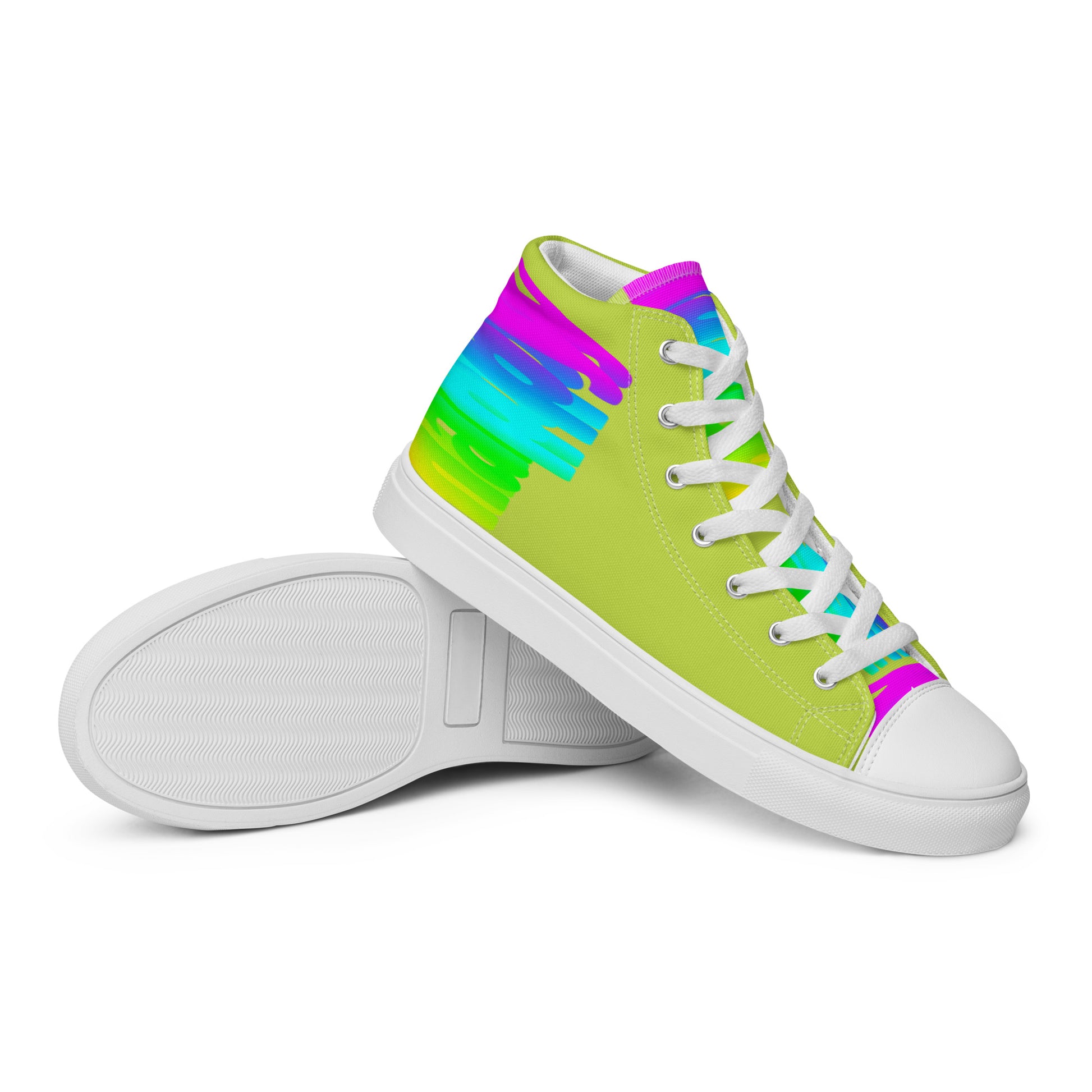 Closeup sole view HappyStuff mens sneakers green high tops rainbow shoes Happy Rainbow Painted bright colour spectrum print