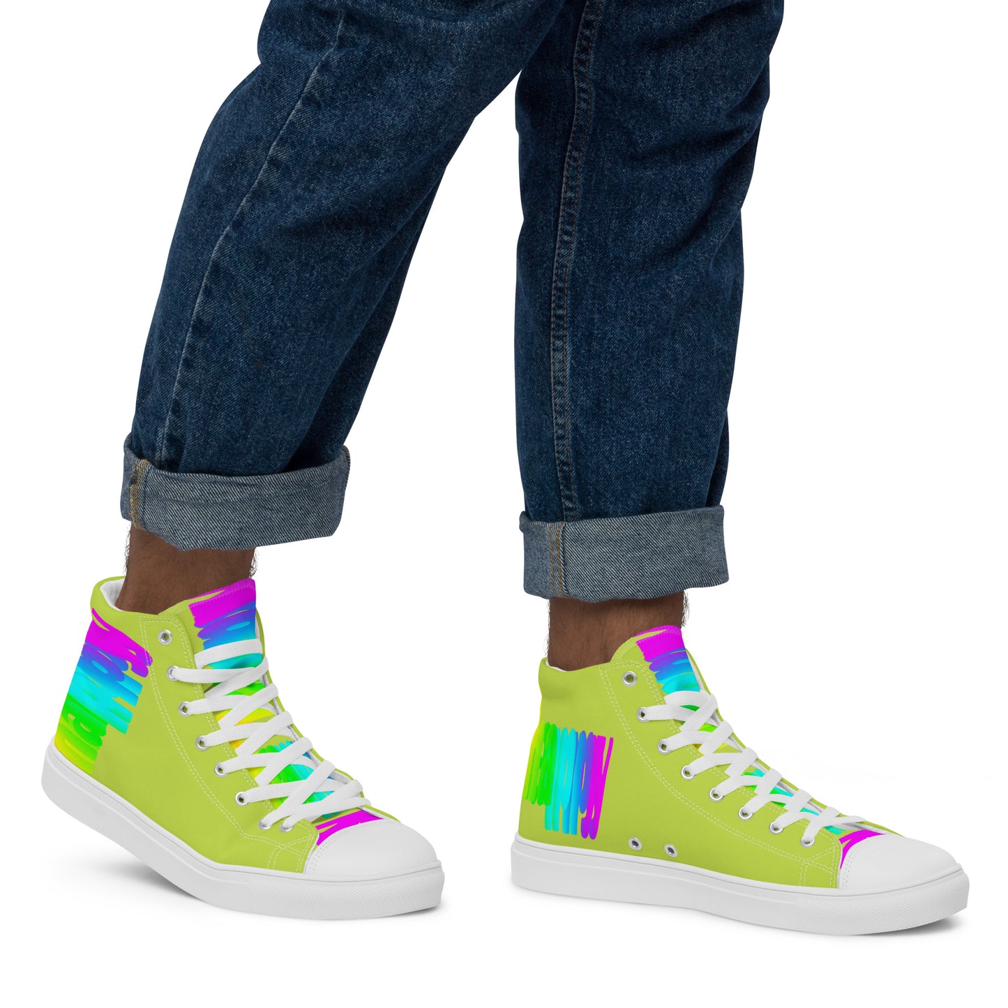 Walking right in mens sneakers HappyStuff high top green shoes Happy Rainbow Painted bright colour spectrum print rainbow shoes