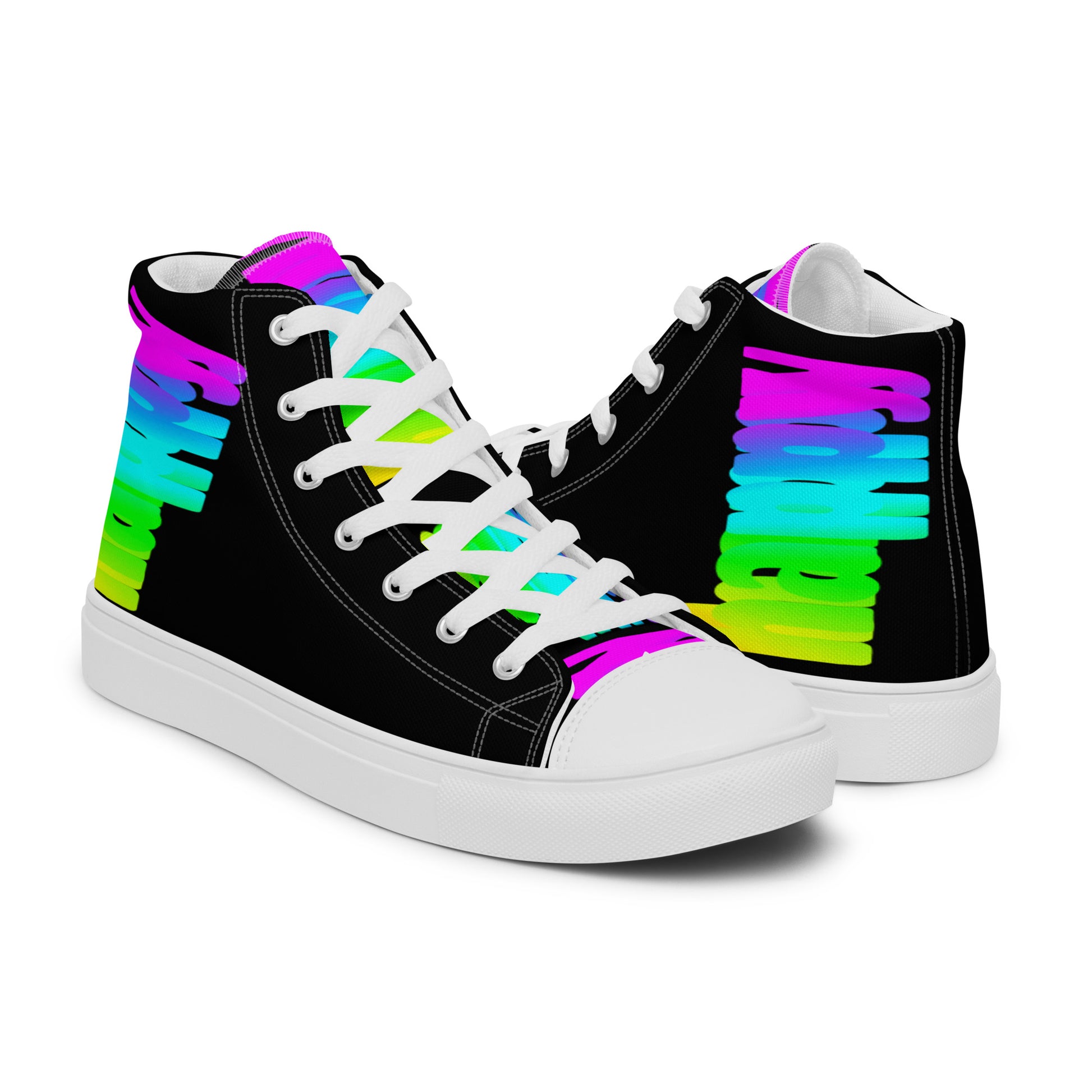 Rainbow shoes HappyStuff mens high tops Happy Rainbow Painted Print bright colours on black shoes right shoe front view left shoe back view 