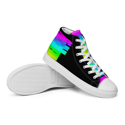 Closeup sole view HappyStuff mens sneakers black high tops rainbow shoes Happy Rainbow Painted  bright colour spectrum print