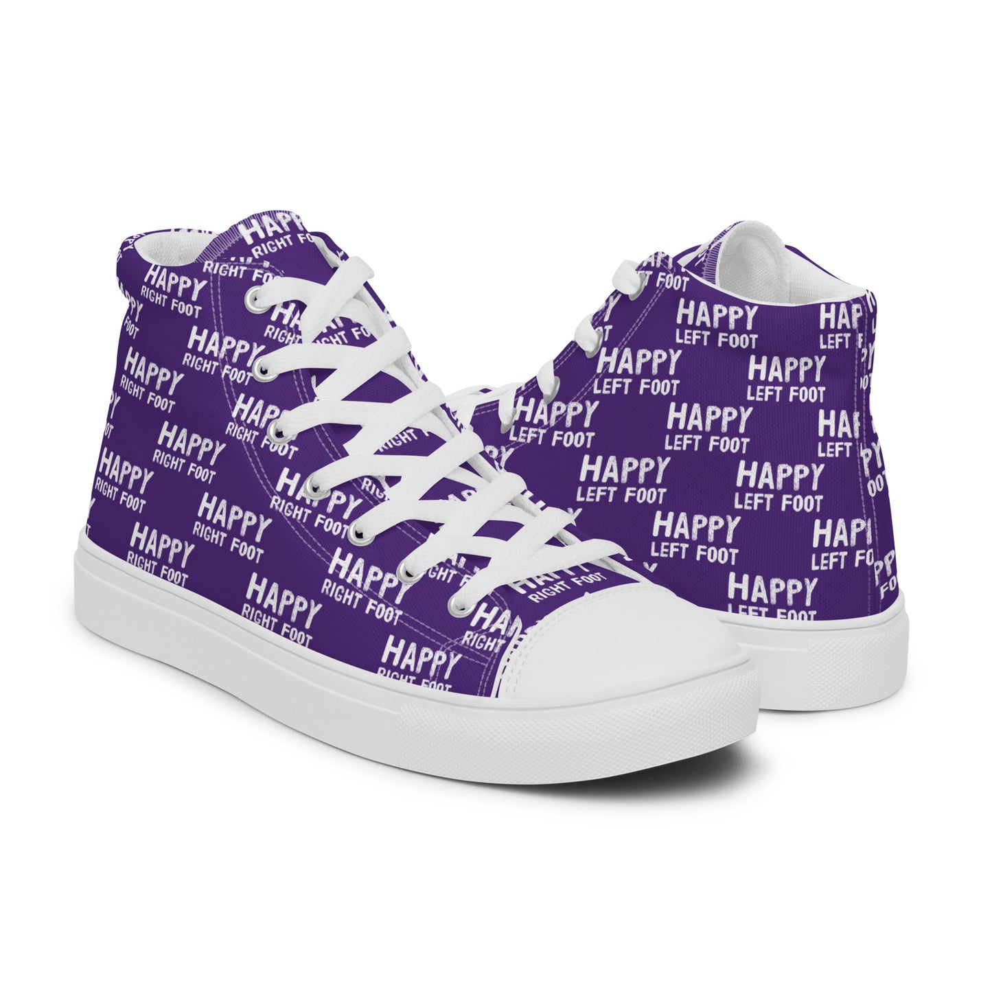 High tops mens right shoe front view left shoe back view Happy Left Foot Happy Right Foot Pattern Print purple and white shoes HappyStuff brand