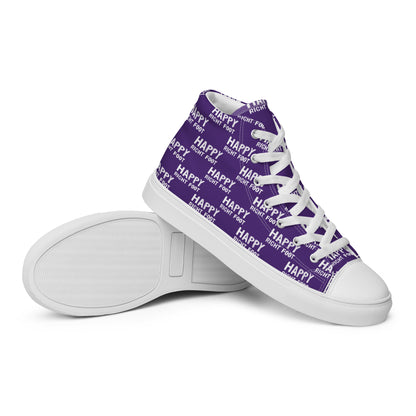 HappyStuff mens sneakers closeup sole view purple high tops with Happy Left Foot Happy Right Foot Pattern Print purple and white shoes