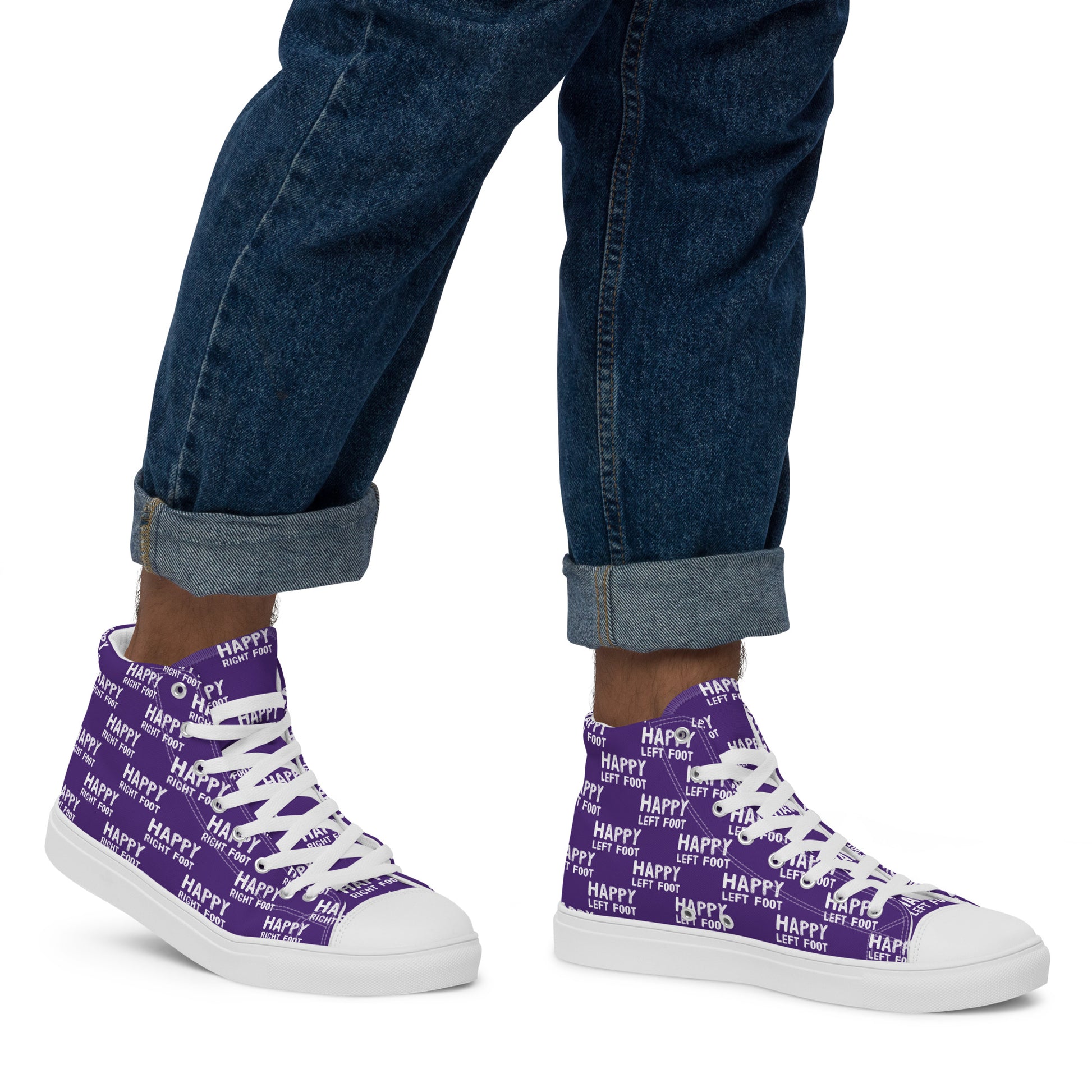 Walking right in mens sneakers HappyStuff high top purple shoes Happy Left Foot Happy Right Foot Pattern Print purple and white