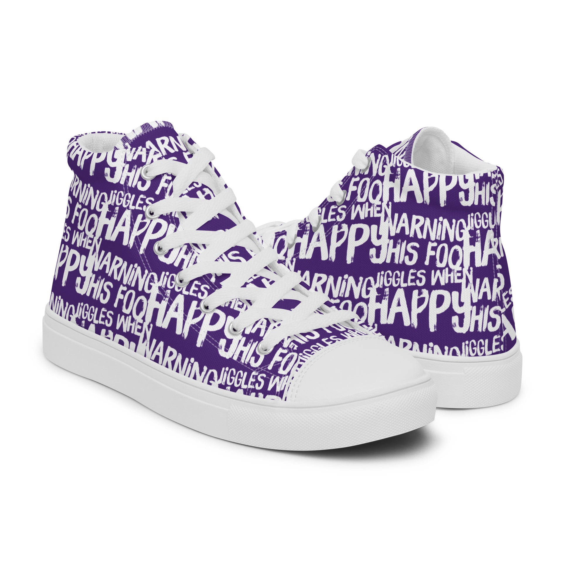 Mens purple high tops with playful white print Warning This Foot Jiggles When Happy right shoe front view left shoe back view