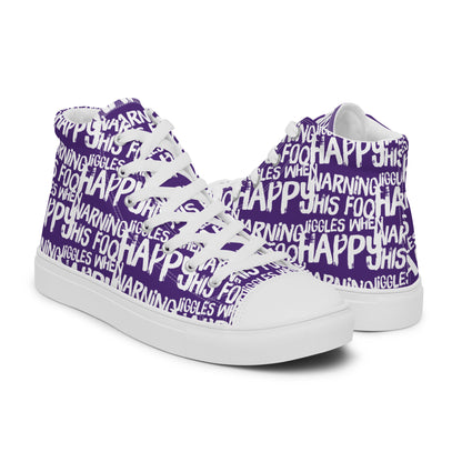 Mens purple high tops with playful white print Warning This Foot Jiggles When Happy right shoe front view left shoe back view