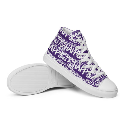 HappyStuff mens purple high tops with playful white print Warning This Foot Jiggles When Happy EVA Rubber outsole closeup sole view