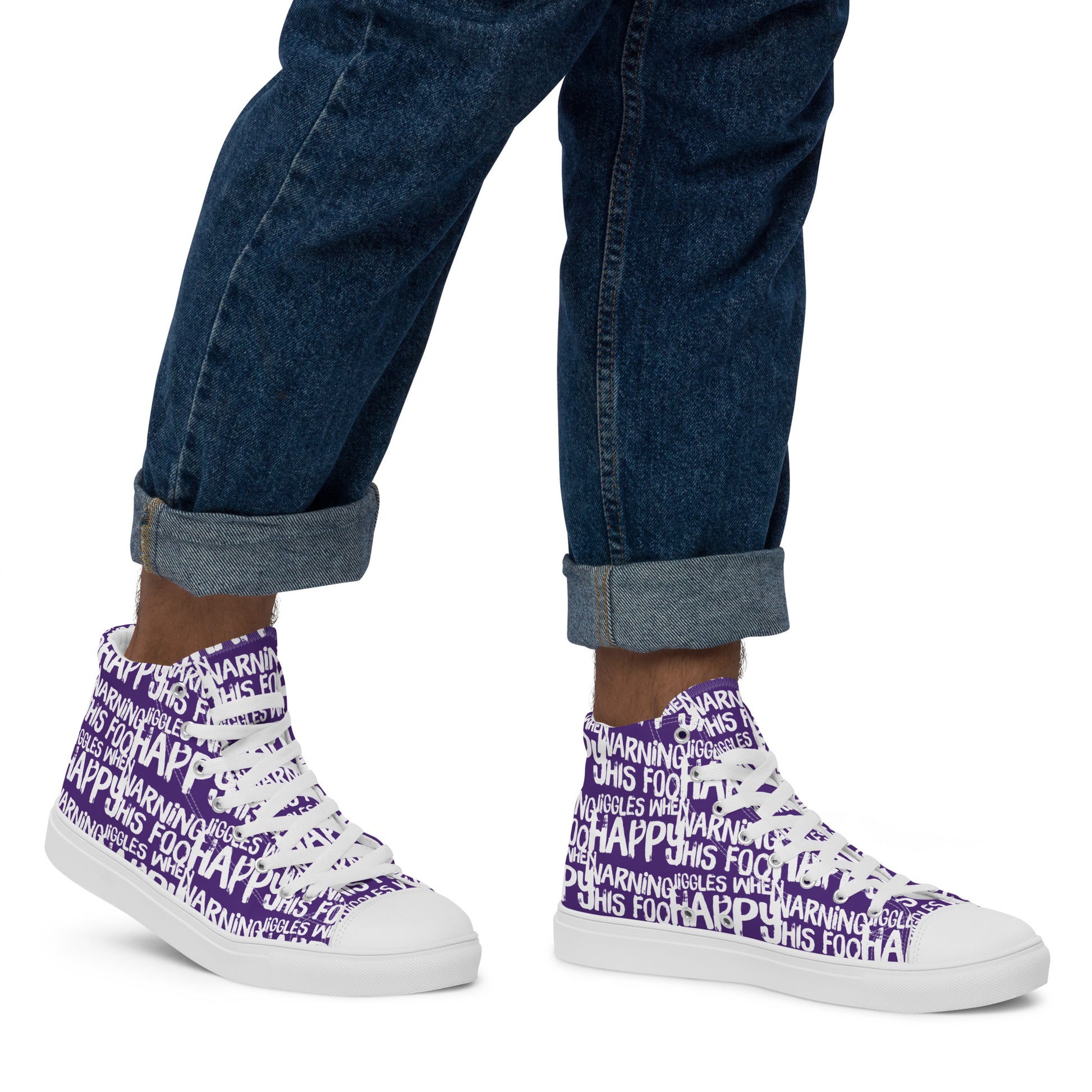 Walking right in mens HappyStuff high tops canvas sneakers edgy print purple and white shoes Warning This Foot Jiggles When Happy