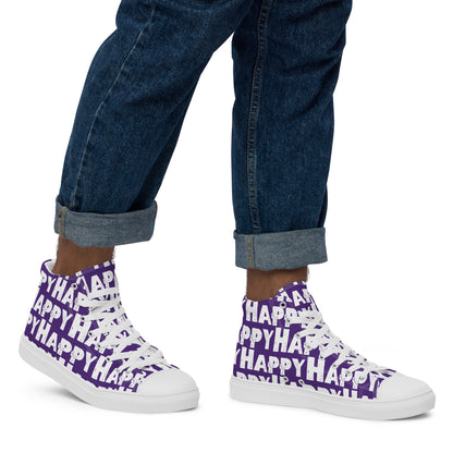 Mans feet wearing quality canvas High Tops right view fun purple and white shoes Happy Sponge Printed HappyStuff brand