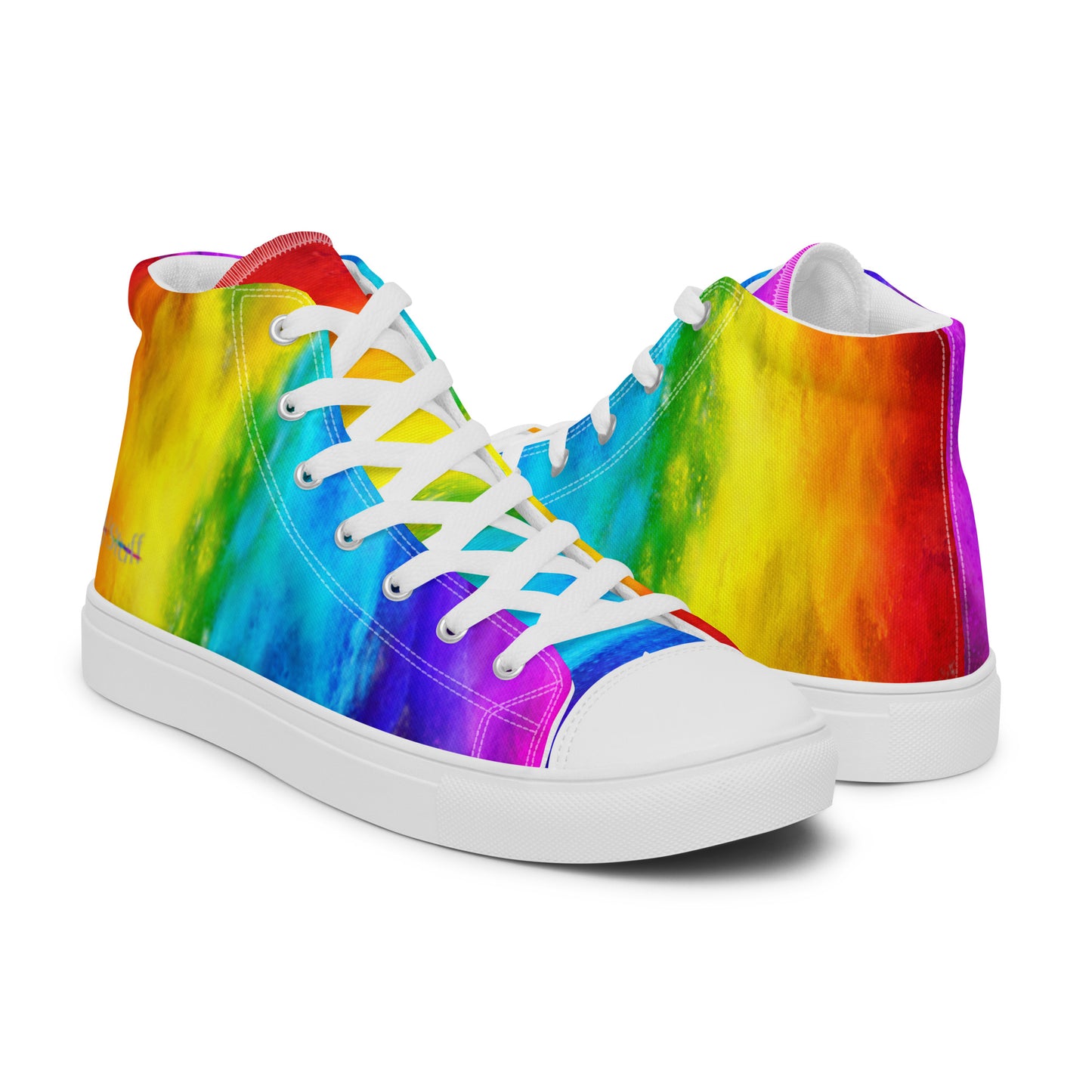 Rainbow shoes HappyStuff mens high tops holi colours printed on white shoes right shoe front view left shoe back view sneakers