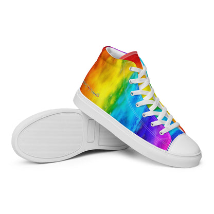 Closeup rubber sole view rainbow shoes holi colours printed on white high top sneakers fun shoes HappyStuff mens sneakers