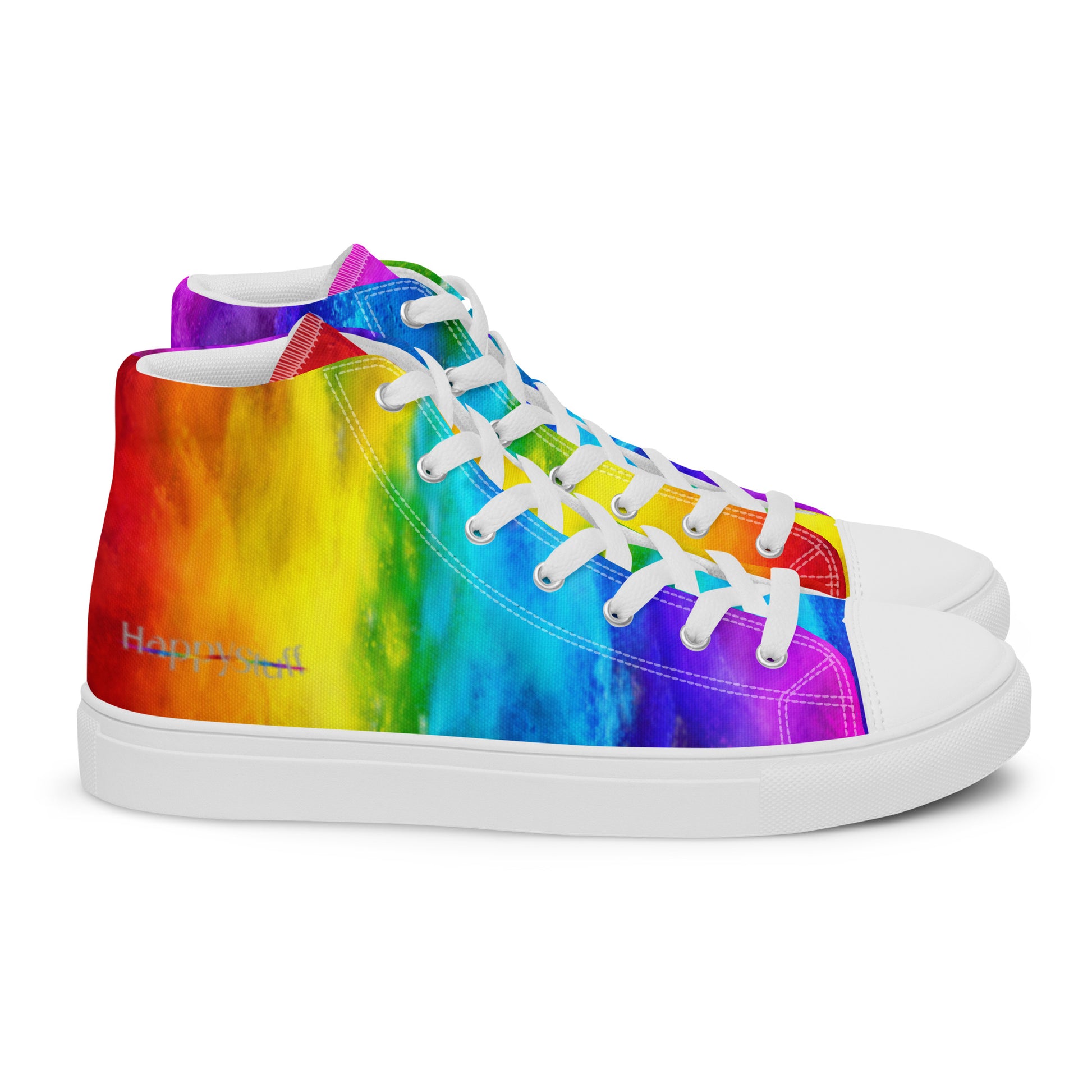 Rainbow shoes right side view featuring HappyStuff logo on holi colours printed on white high top sneakers with white laces