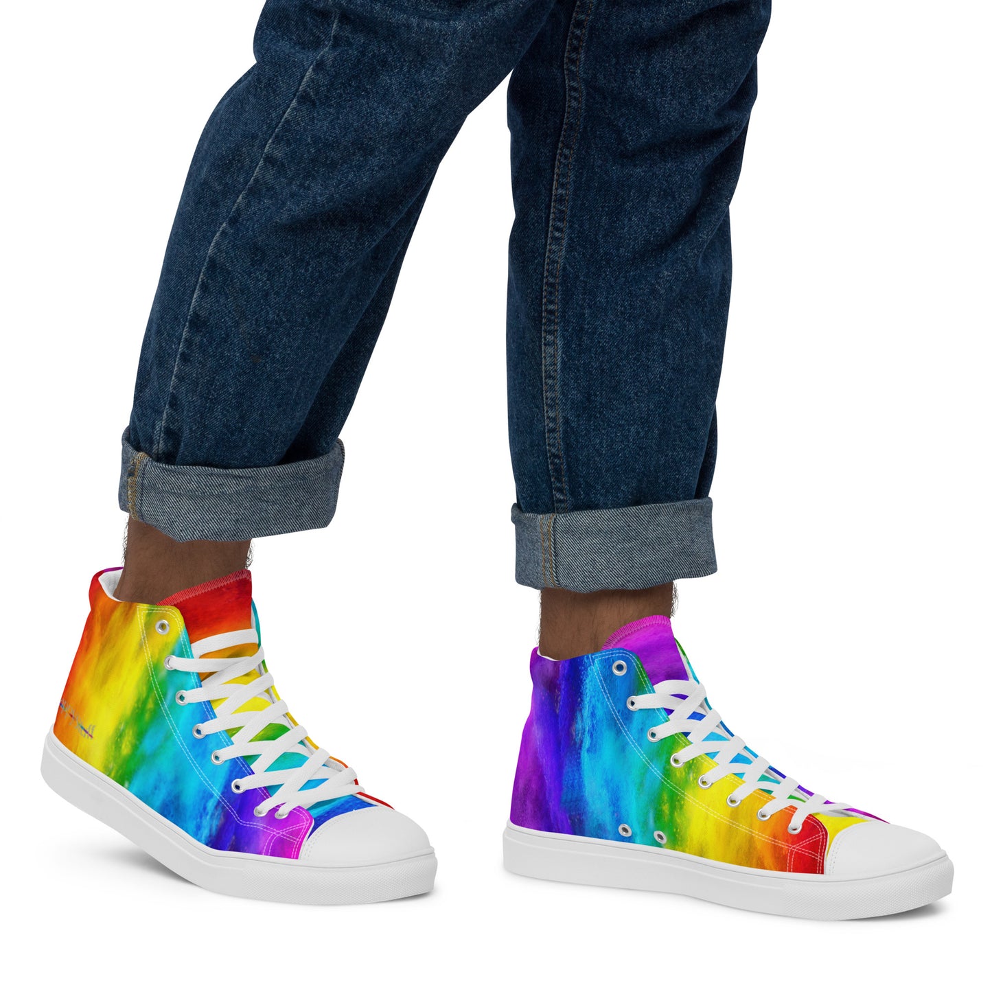 Close up of rainbow shoes on a man walking right holi colours printed on white high tops HappyStuff mens sneakers fun shoes