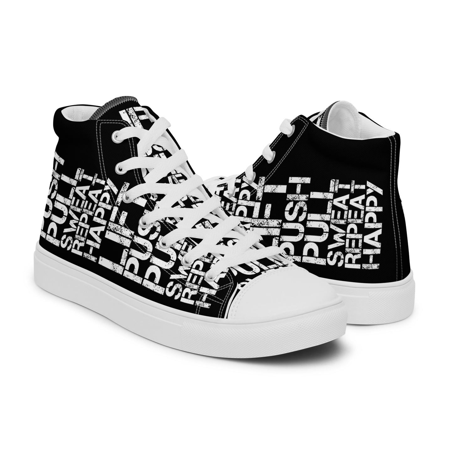 High tops mens right shoe front view left shoe back view lift push pull sweat repeat happy distress print black and white shoes HappyStuff brand