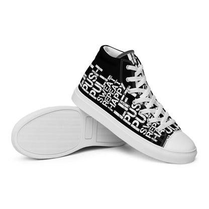 Mens sneakers closeup sole view black high tops with lift push pull sweat repeat happy distress print black and white shoes HappyStuff brand