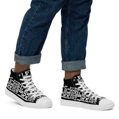 Walking right in mens sneakers HappyStuff high top black shoes lift push pull sweat repeat happy distress print black and white