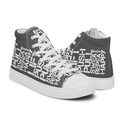 High tops mens right shoe front view left shoe back view lift push pull sweat repeat happy distress print slate grey and white shoes HappyStuff brand