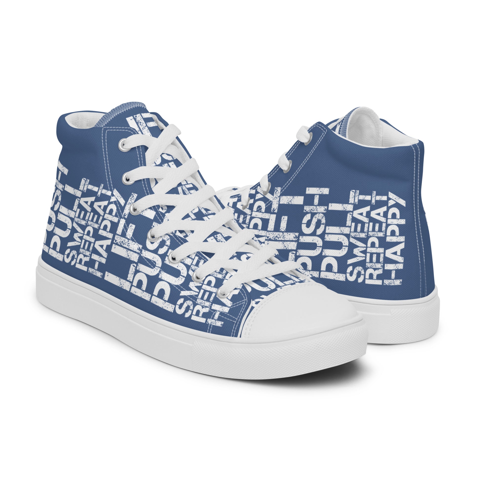 High tops mens right shoe front view left shoe back view lift push pull sweat repeat happy distress print denim blue and white shoes HappyStuff brand