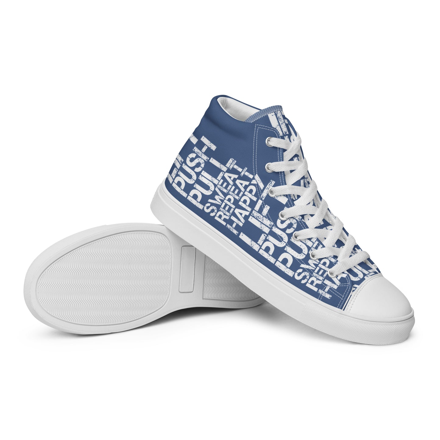 Mens sneakers closeup sole view denim blue high tops with lift push pull sweat repeat happy distress print denim blue and white shoes HappyStuff brand