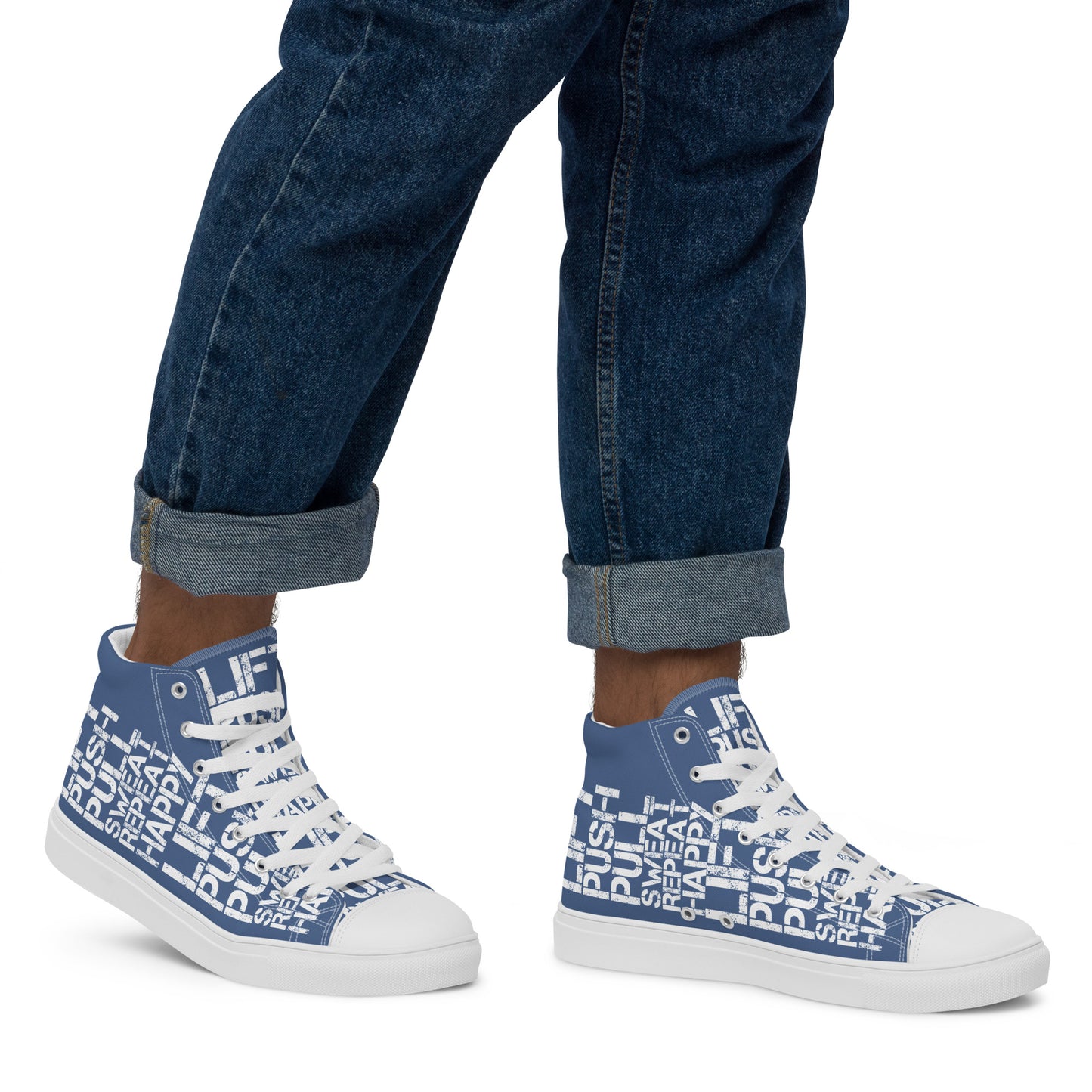 Walking right in mens sneakers HappyStuff high top denim blue shoes lift push pull sweat repeat happy distress print denim blue and white