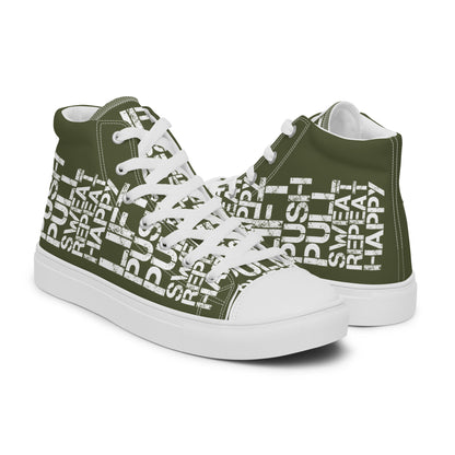 High tops mens right shoe front view left shoe back view lift push pull sweat repeat happy distress print khaki green and white shoes HappyStuff brand