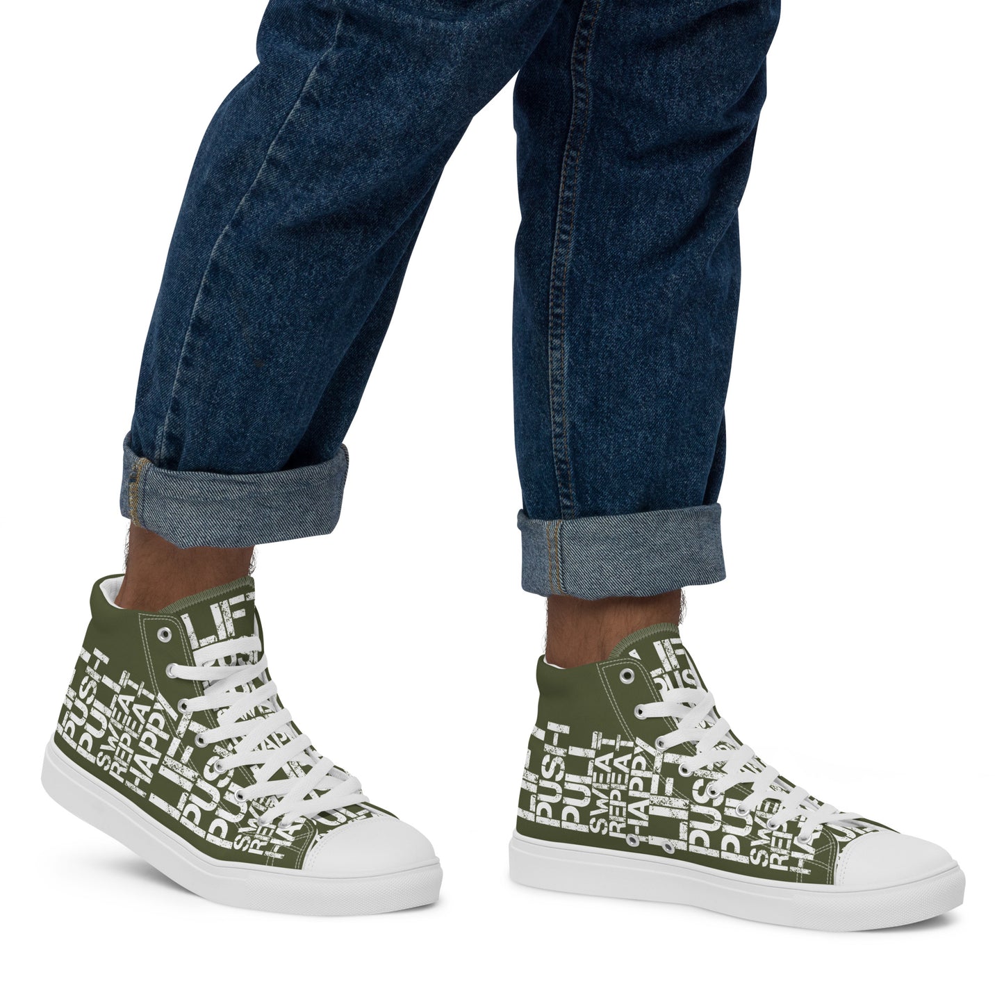 Walking right in mens sneakers HappyStuff high top khaki green shoes lift push pull sweat repeat happy distress print khaki green and white