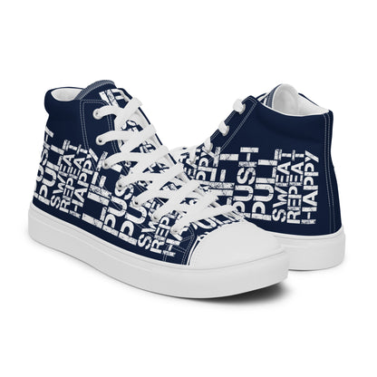 High tops mens right shoe front view left shoe back view lift push pull sweat repeat happy distress print navy blue and white shoes HappyStuff brand