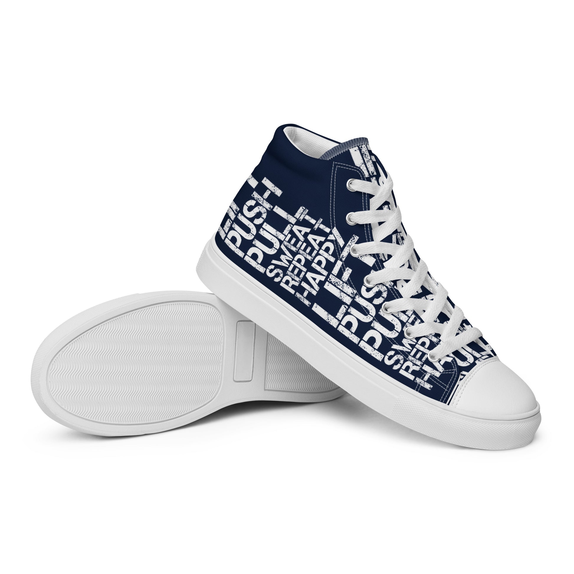 Mens sneakers closeup sole view navy blue high tops with lift push pull sweat repeat happy distress print navy blue and white shoes HappyStuff brand