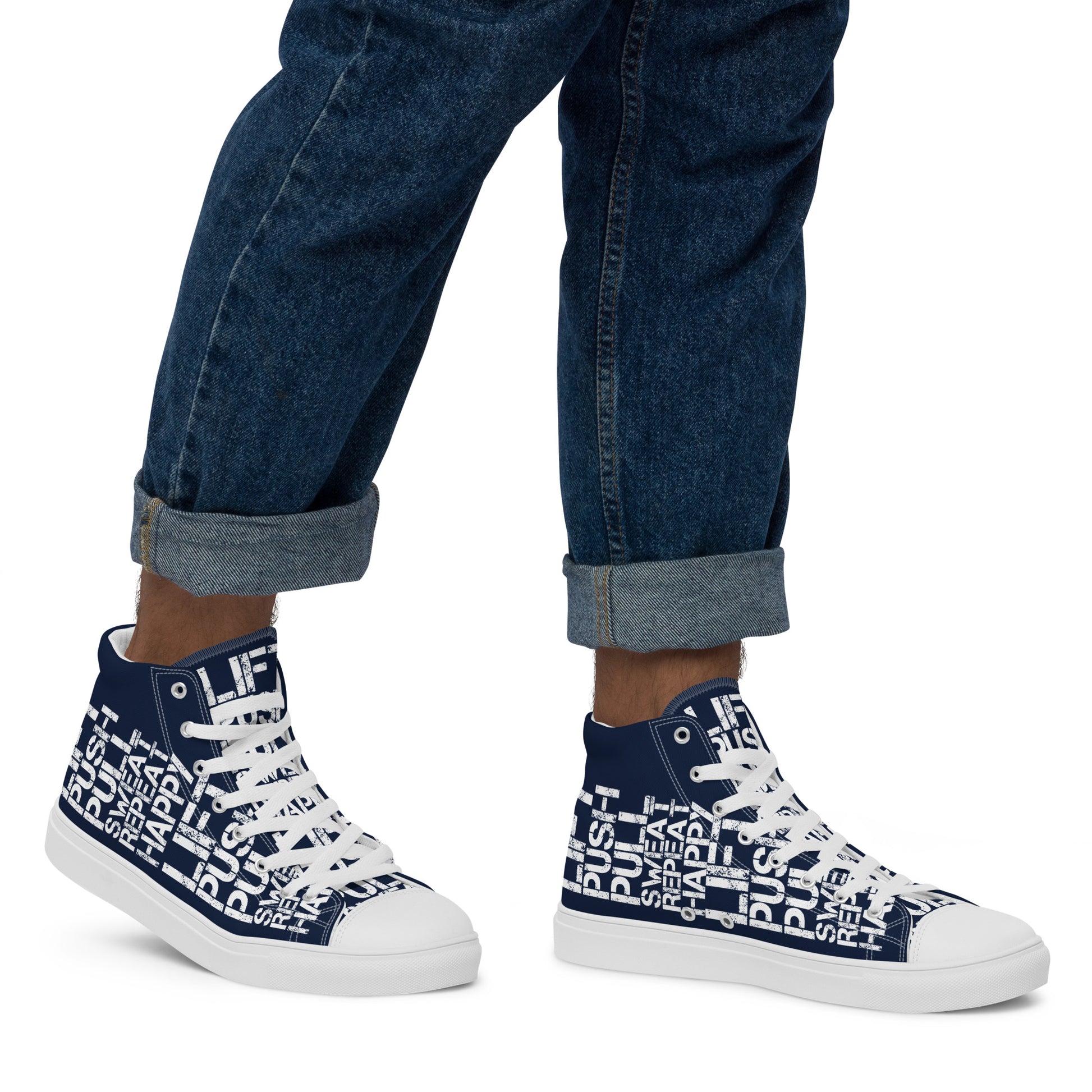 Walking right in mens sneakers HappyStuff high top navy blue shoes lift push pull sweat repeat happy distress print navy blue and white