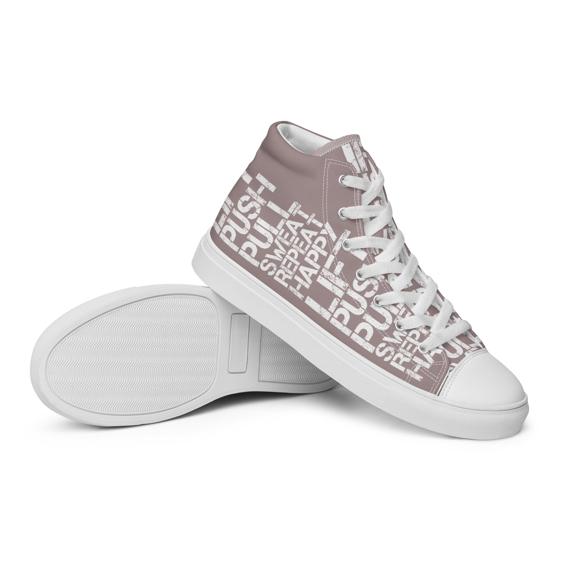 Mens sneakers closeup sole view taupe high tops with lift push pull sweat repeat happy distress print taupe and white shoes HappyStuff brand