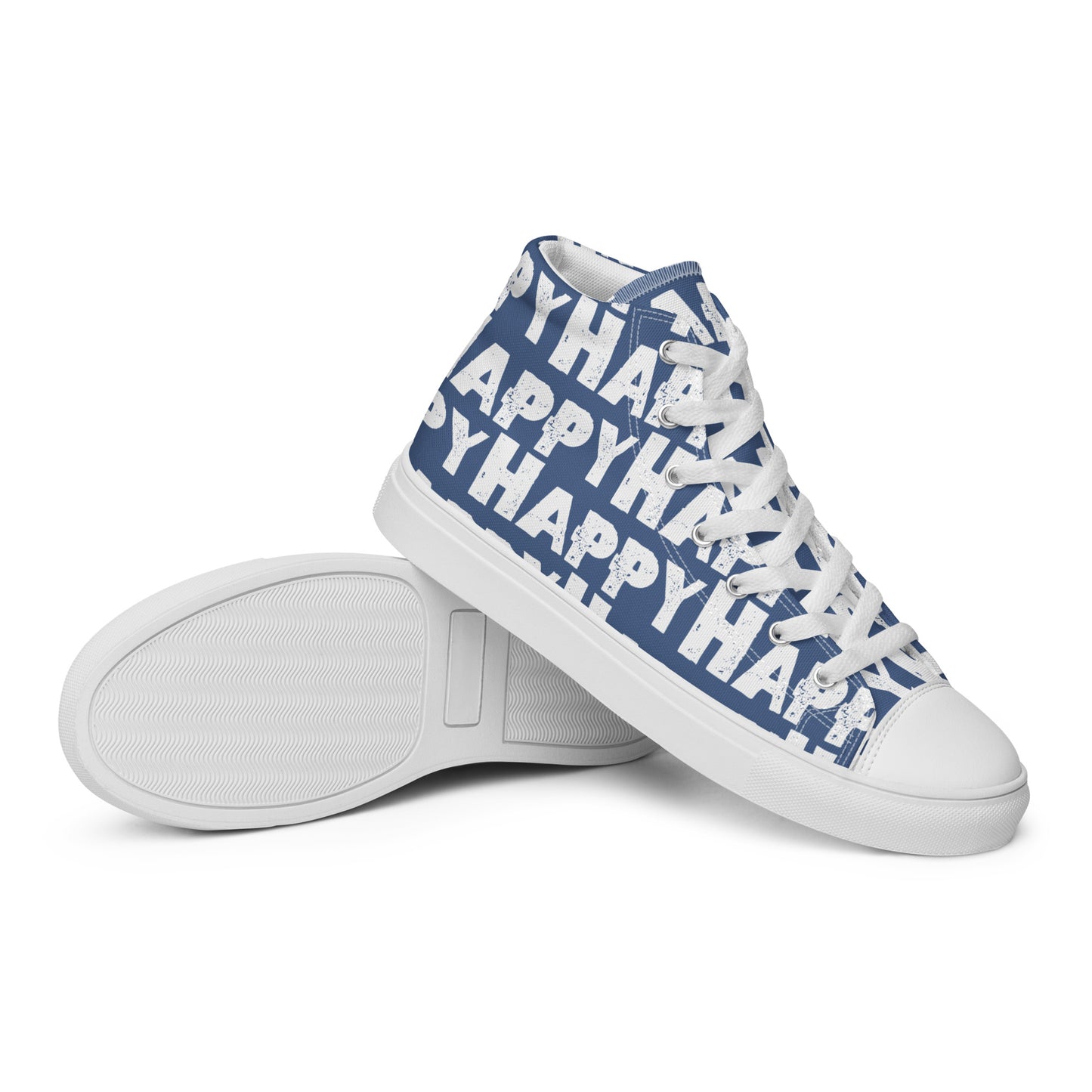 Vintage Shoes style denim blue and white Happy Sponge Print High Tops EVA Rubber Outsole closeup sole view