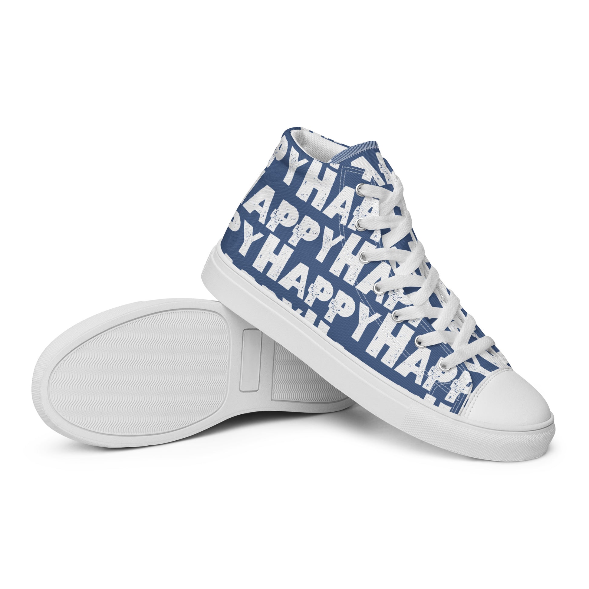 Vintage Shoes style denim blue and white Happy Sponge Print High Tops EVA Rubber Outsole closeup sole view