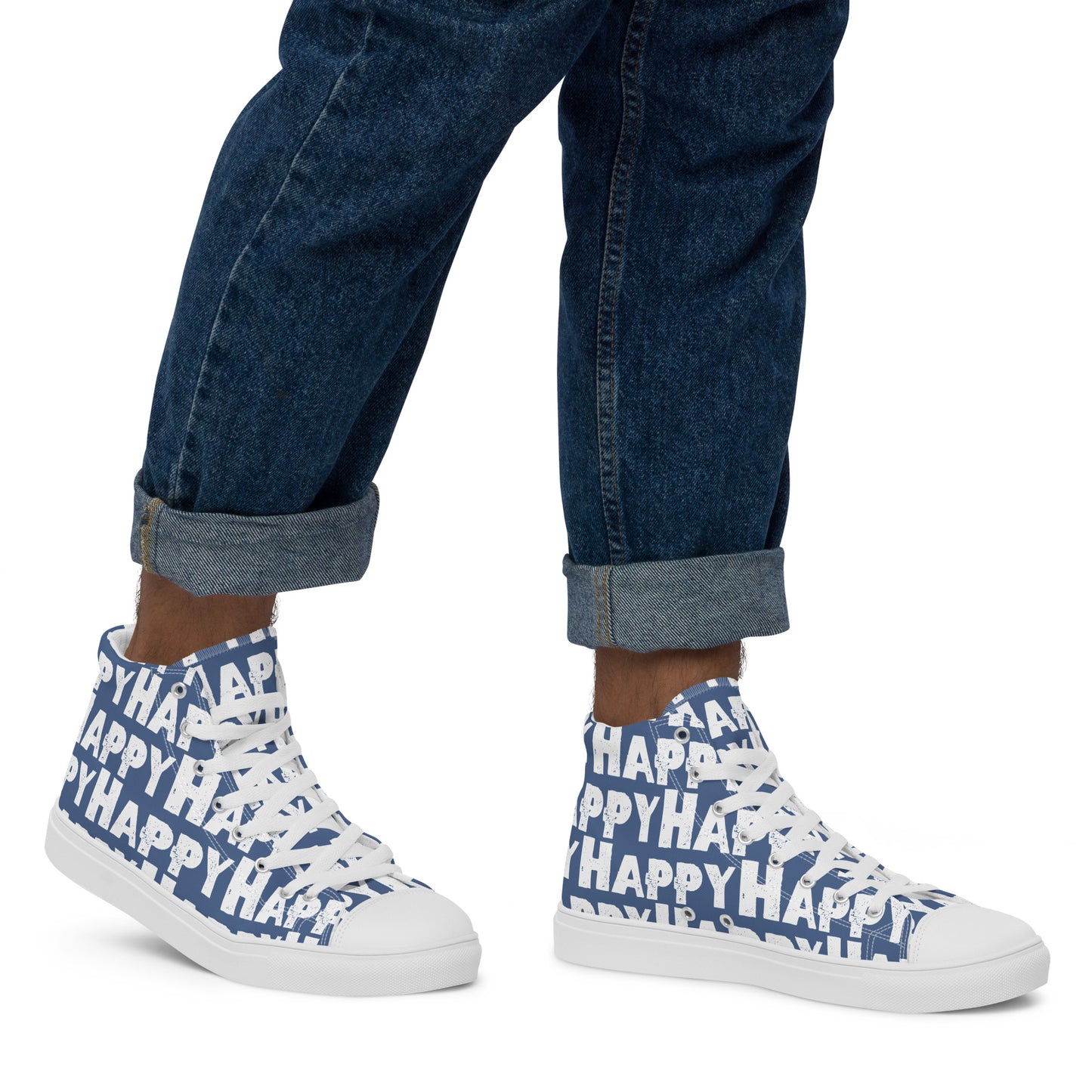 Mans feet wearing quality handmade High Tops right view fun denim blue and white shoes Happy Sponge Printed HappyStuff brand